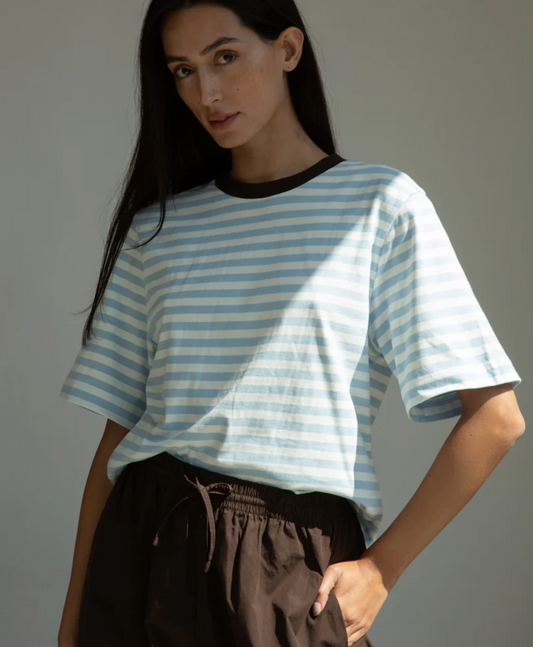 Bay-Sue Organic Cotton Jersey Stripe Top | Pale Blue and White Stripe