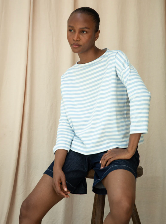 Leia-Sue Organic Cotton Stripe Jersey Top | Pale Blue and White Stripe