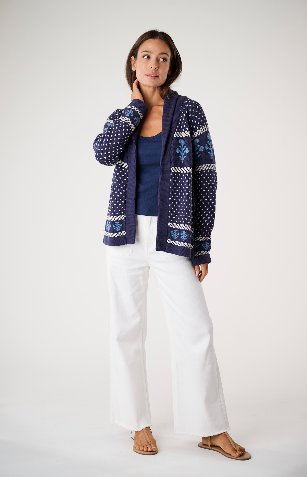 Flower Intarsia Shawl Cardigan - Navy