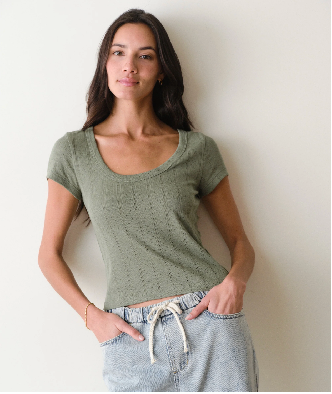 Lexi Pointelle Scoop Tee | Olive