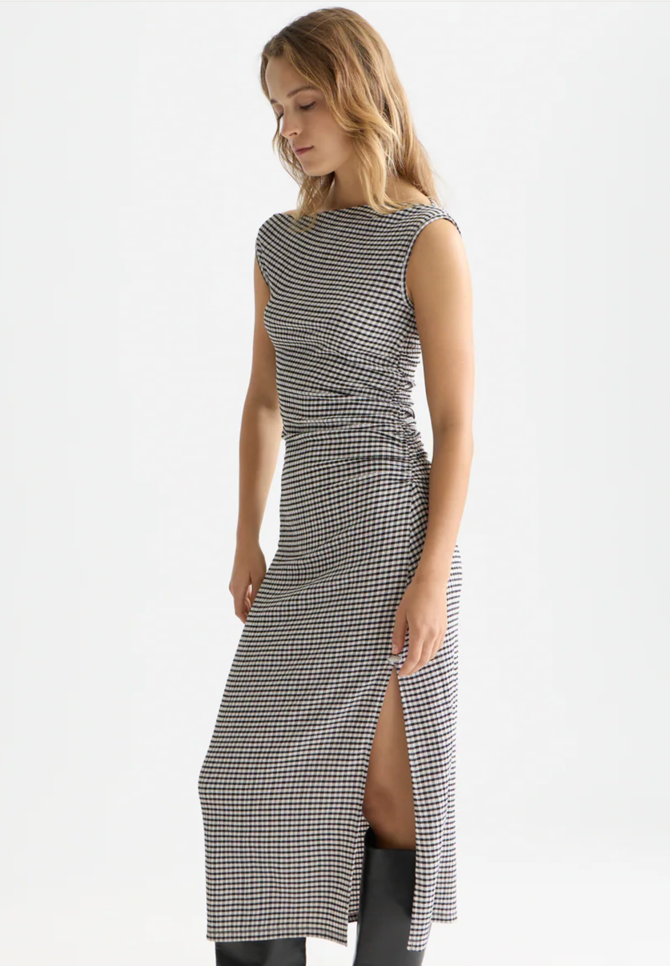 Structured Gingham Drapey Midi Dress