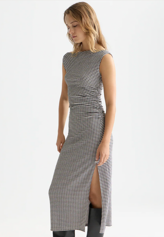 Structured Gingham Drapey Midi Dress