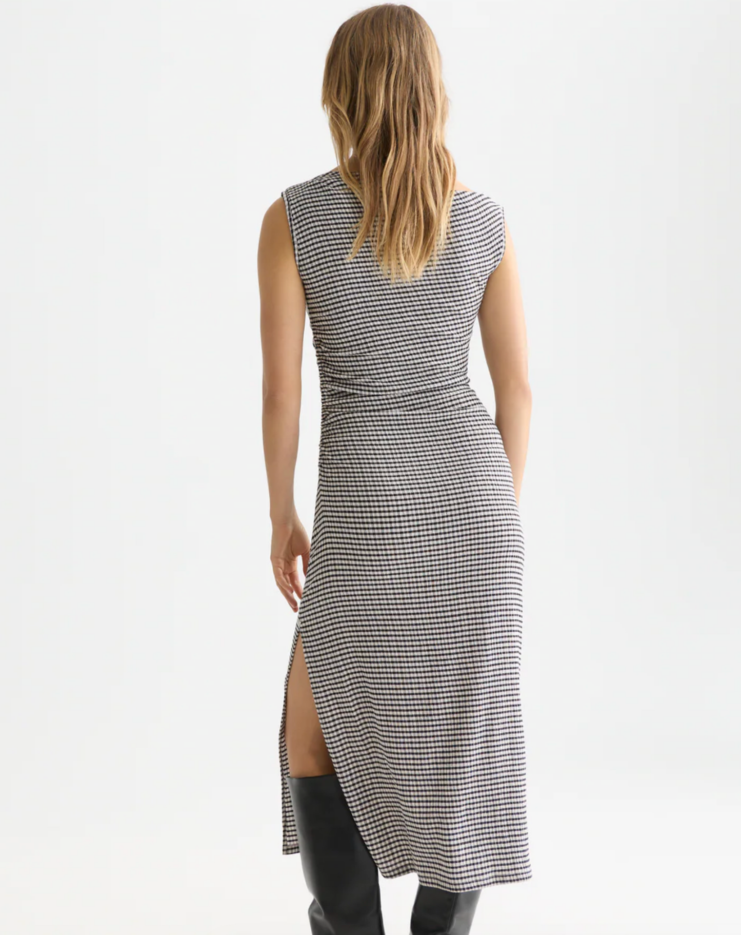 Structured Gingham Drapey Midi Dress