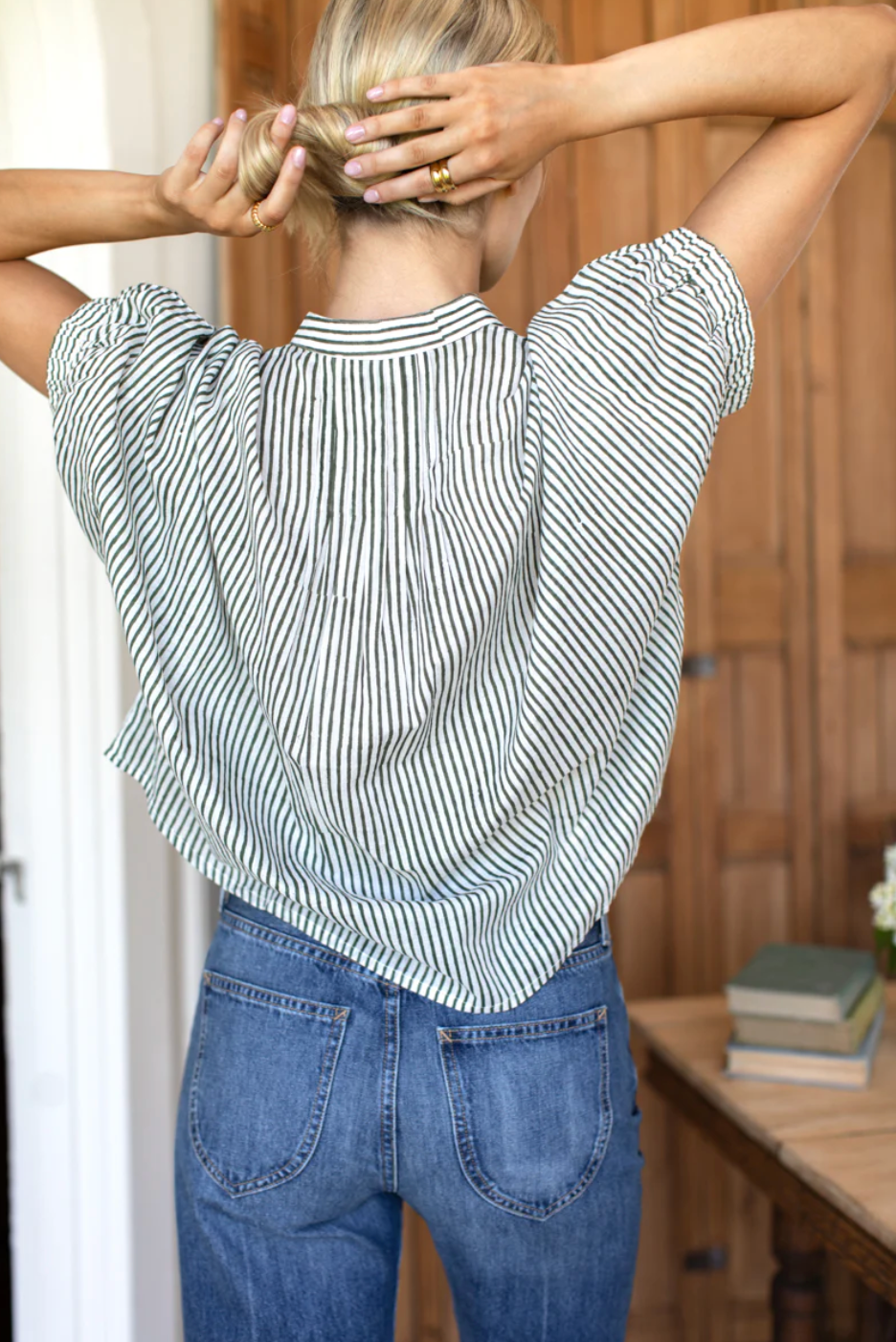 Emerson Fry Mandarin Collar Top | Moss Stripe Organic