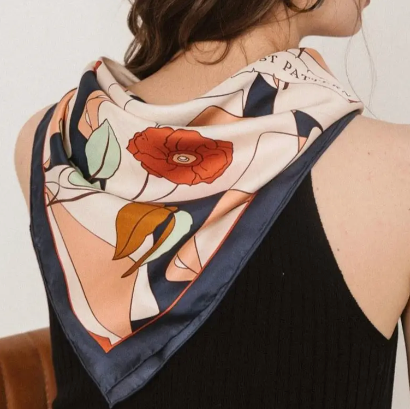 Camellia Silk Bandana Scarf - Dark Blue