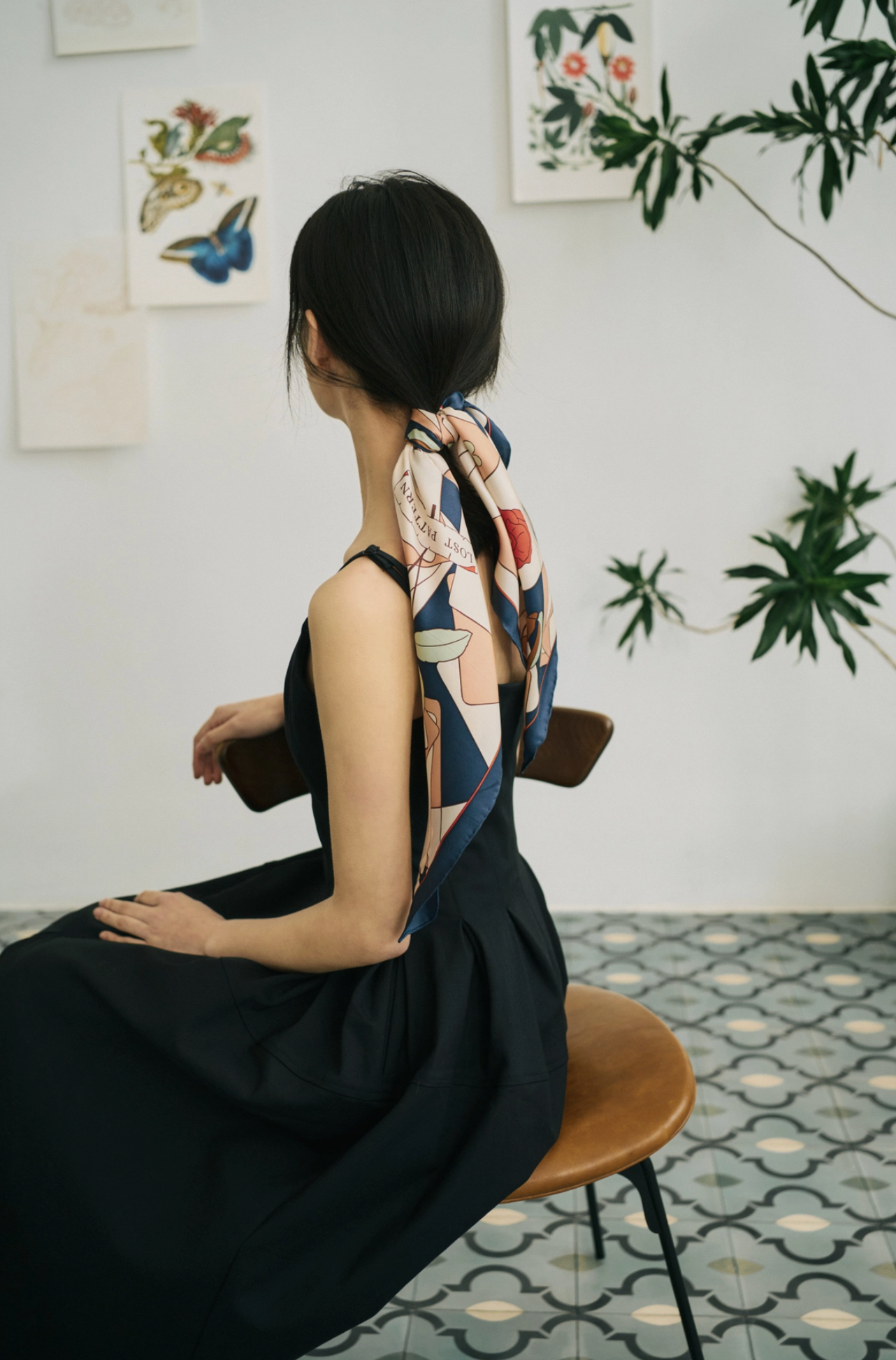 Camellia Silk Bandana Scarf - Dark Blue