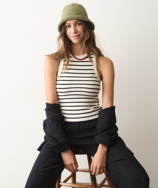 Lexi Rib Sun-In High Neck Crop Tank | Cream + Black Stripe