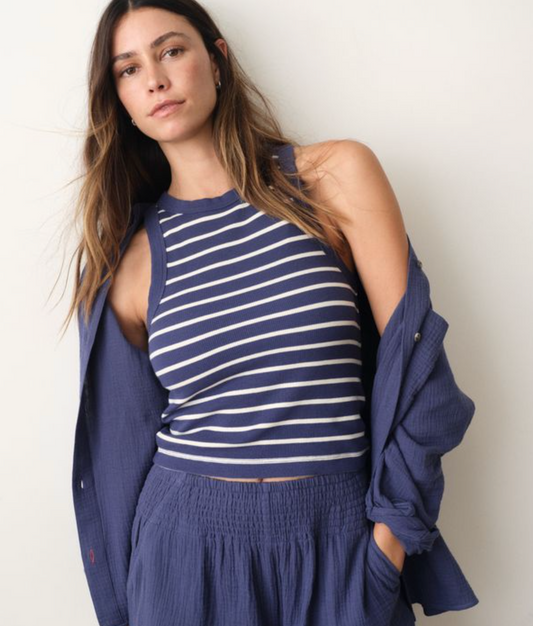 Lexi Rib Sun-In High Neck Crop Tank | Bay Blue + White Stripe