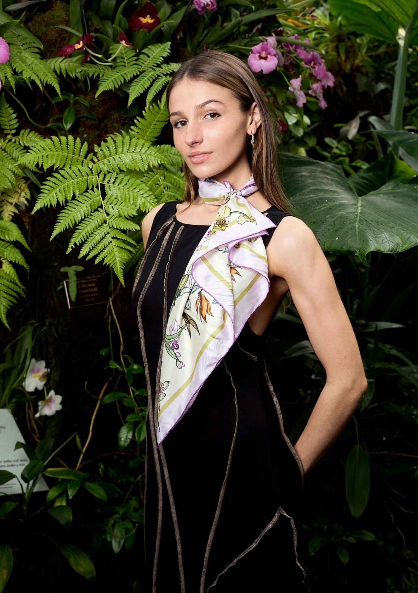 LOST PATTERN X NYBG "Orchid Symphony" Silk Bandana Scarf - Beige