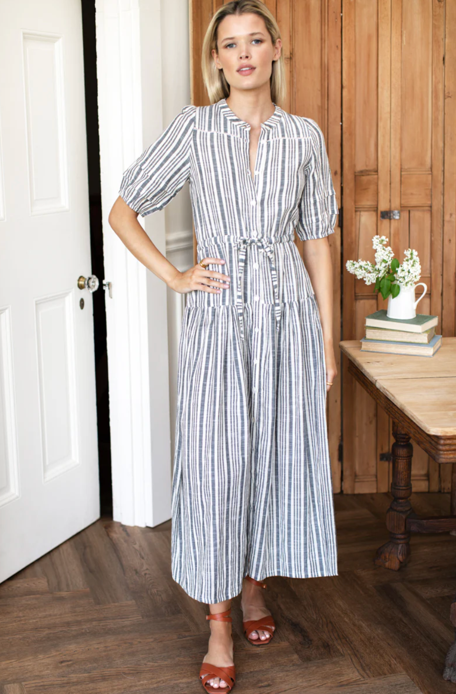 Emerson Fry Lucy 4 Basque Dress | Ardonis Stripe Storm Grey