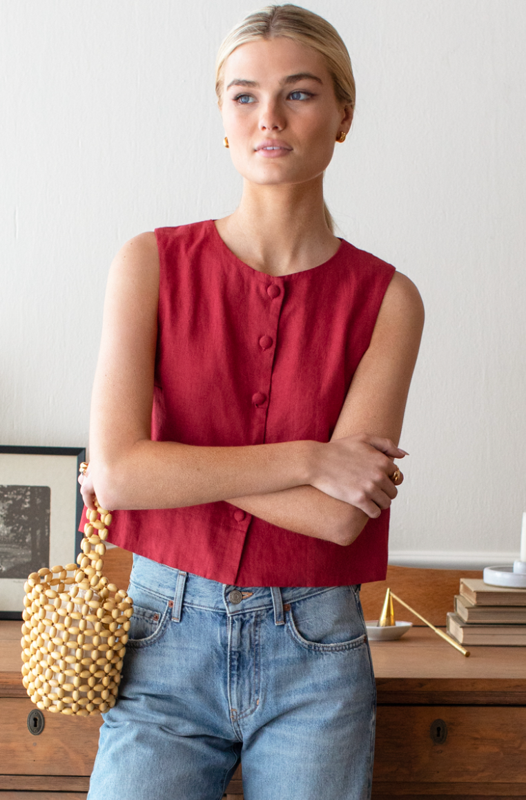 Emerson Fry Button Front Wide Hem Top - Pompeian Red Linen