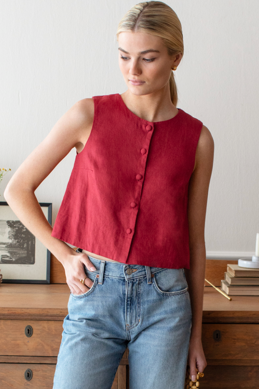 Emerson Fry Button Front Wide Hem Top - Pompeian Red Linen