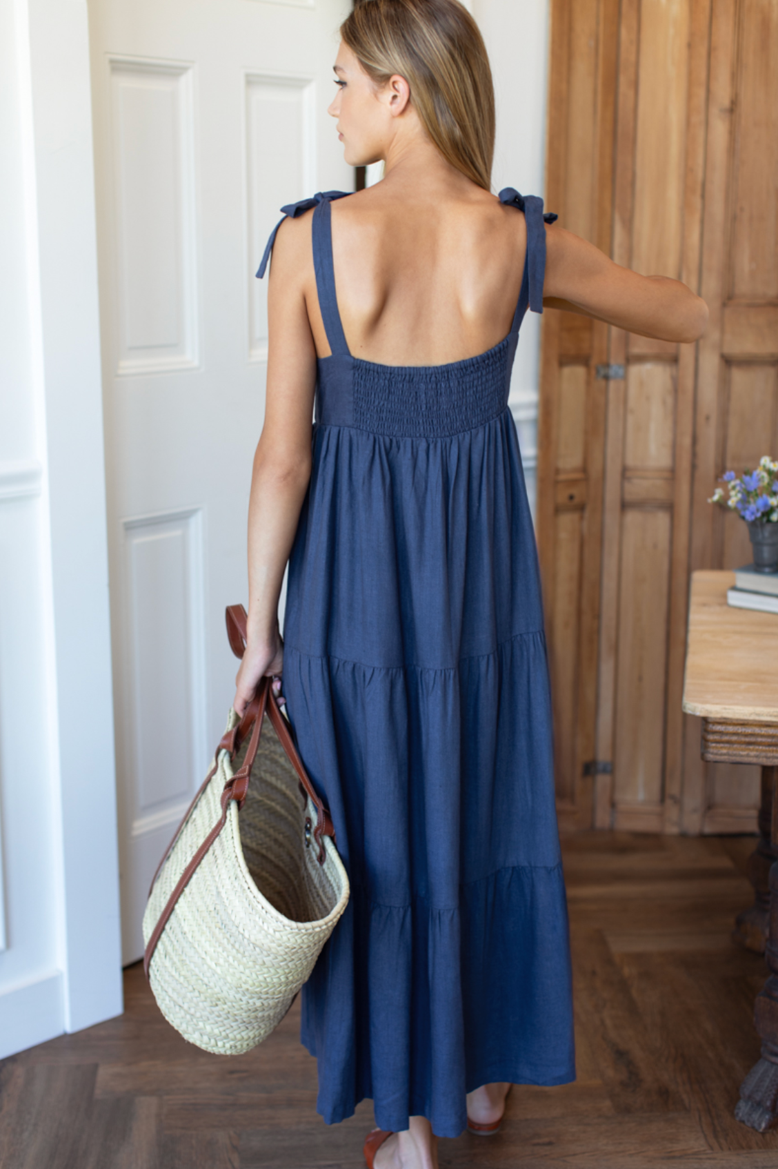 Emerson Fry Sara Tier Dress - Blue Indigo + White Embroidery Linen