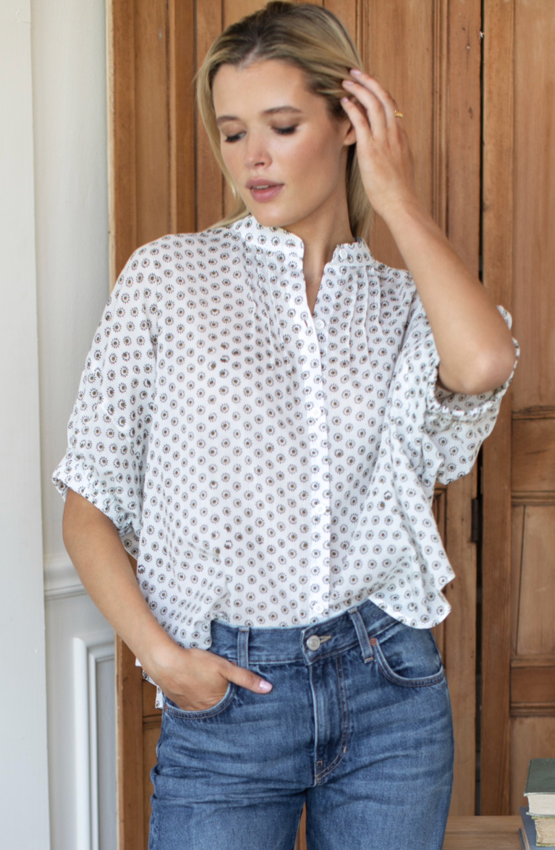 Emerson Fry Mandarin Collar Top | Signet Olive Organic