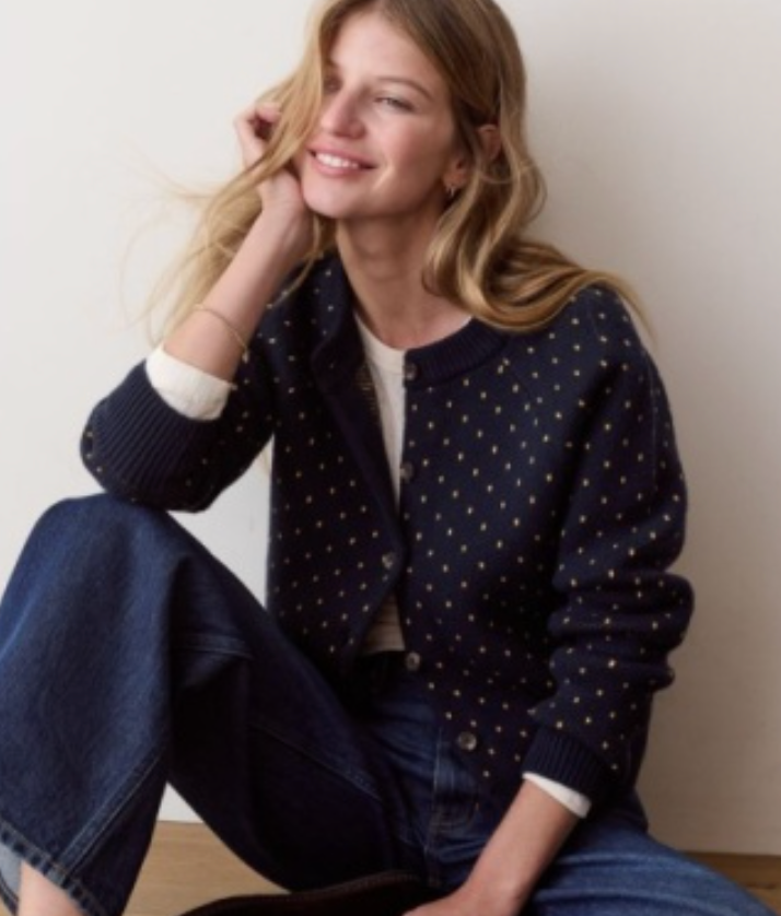 Iris Crewneck Cardigan | Navy & Gold