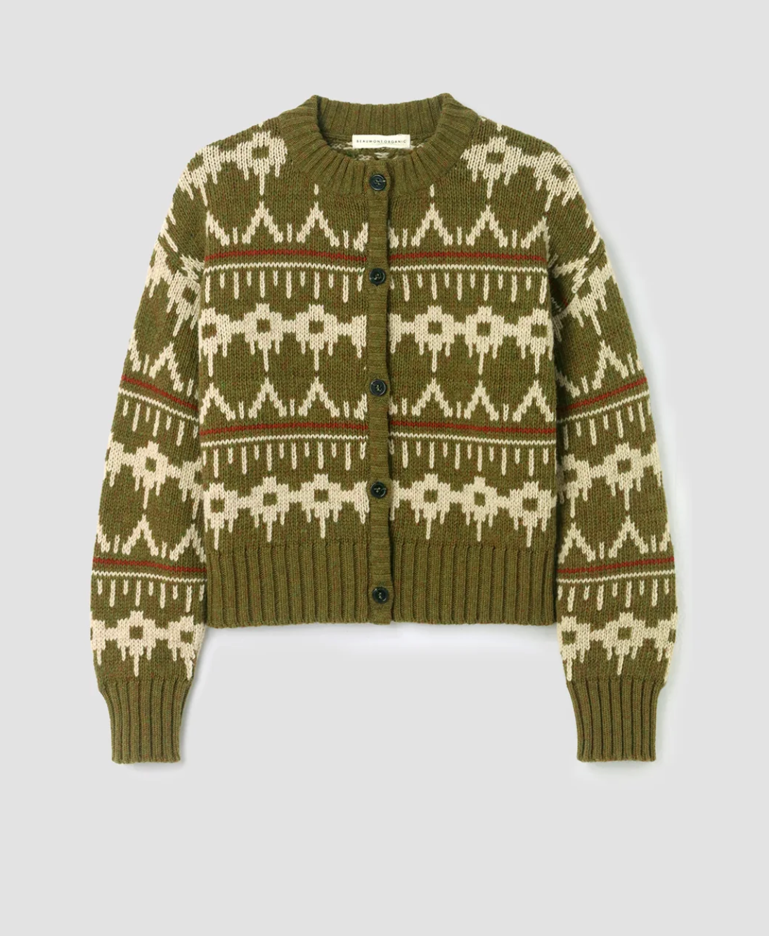 Sugi-Sue Recycled Wool Knitted Cardigan in Olive Marl Fairisle