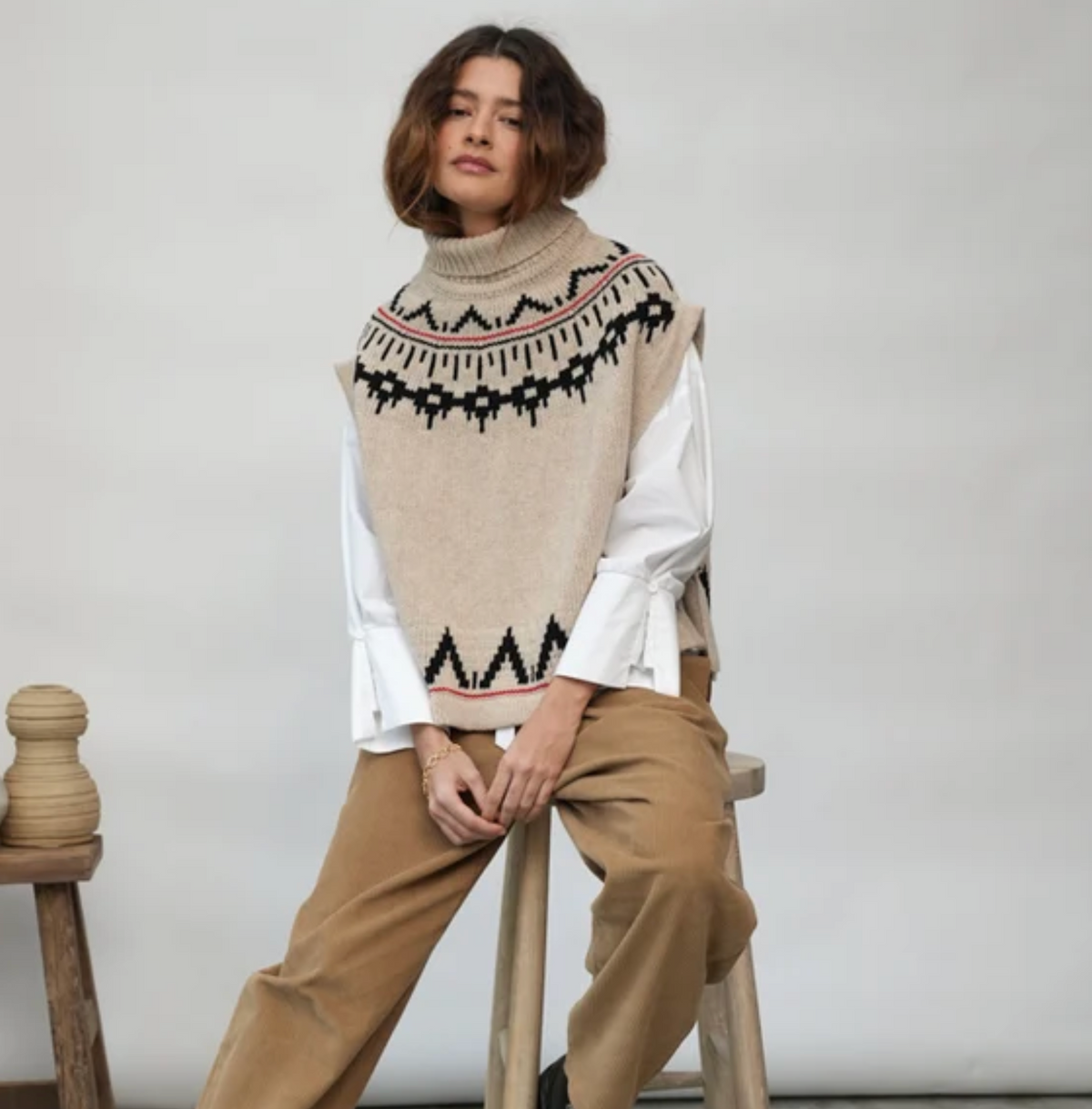 Kanon-Sue Recycled Wool Knitted Vest in Cream Marl Fairisle