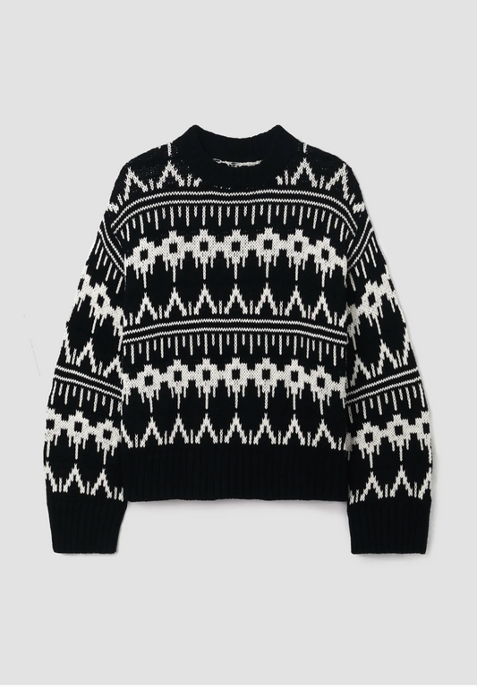 Leo-Sue Organic Cotton Knitted Jumper in Black Fairisle