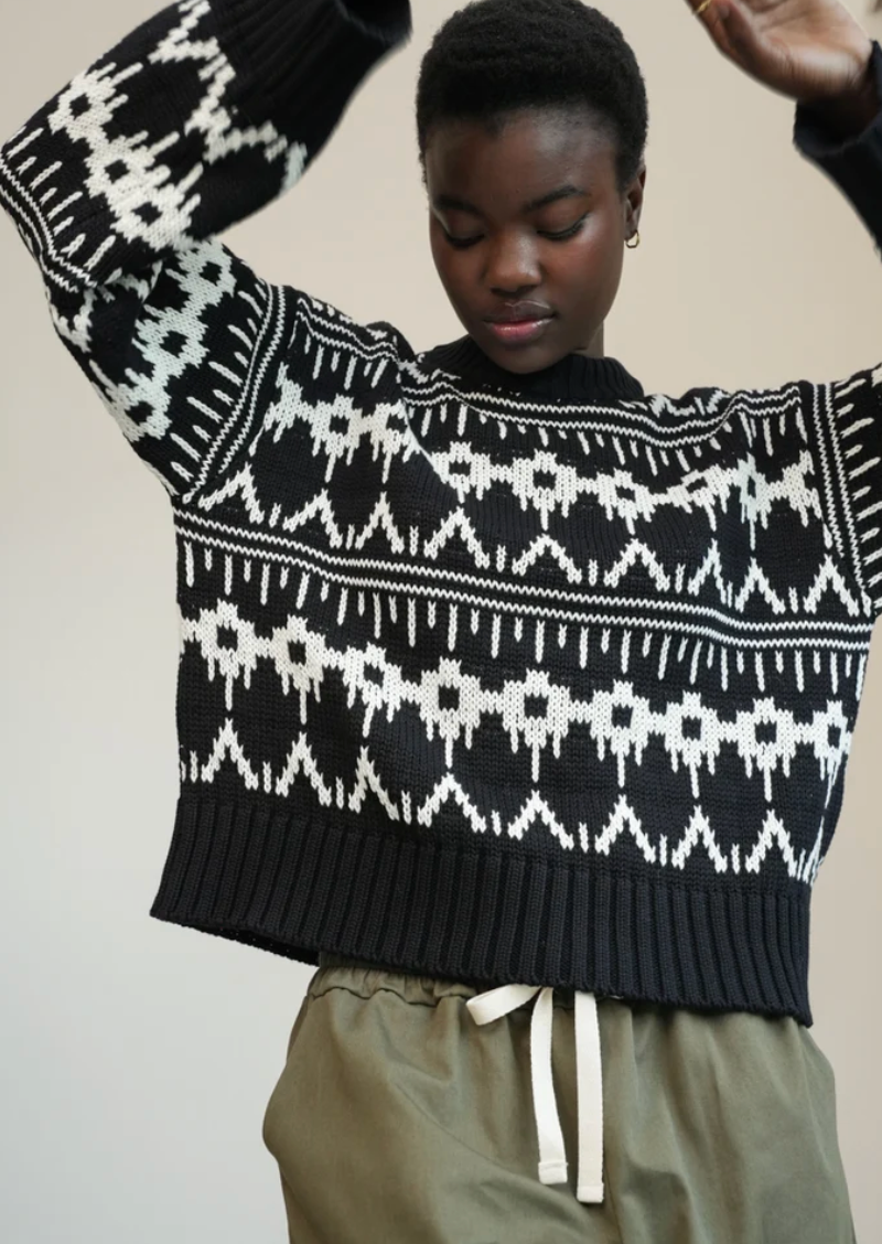 Leo-Sue Organic Cotton Knitted Jumper in Black Fairisle