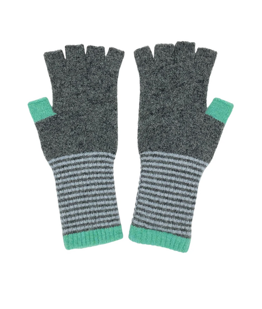Women's Lambswool Fingerless Gloves - Grey & Mint
