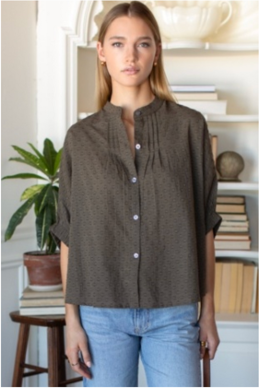 Mandarin Collar Top | Olive Grove Swiss Dots