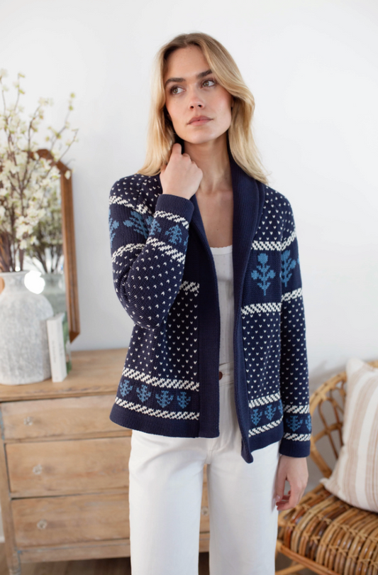 Marea Flower Intarsia Shawl Cardigan - Navy