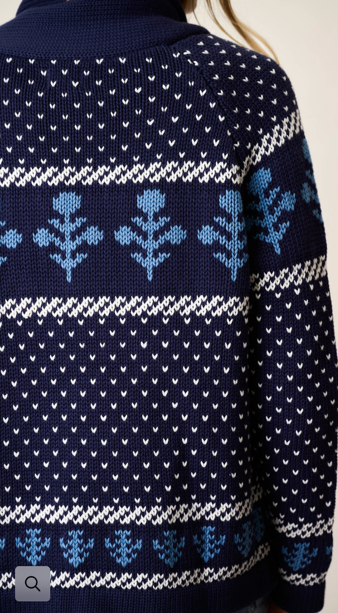 Marea Flower Intarsia Shawl Cardigan - Navy