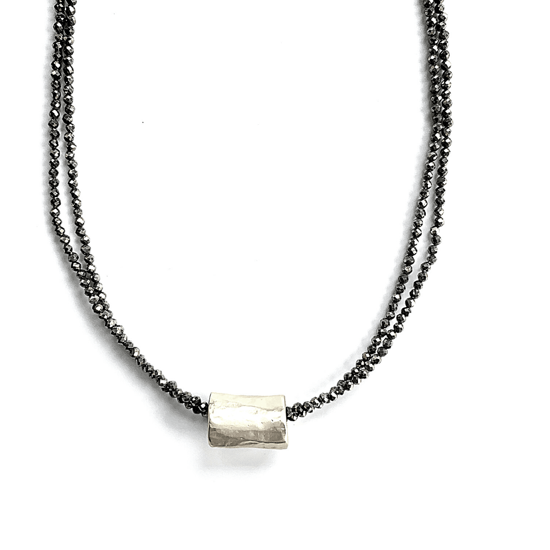 #BB - Silver Barrel on Double Pyrite Beaded Necklace