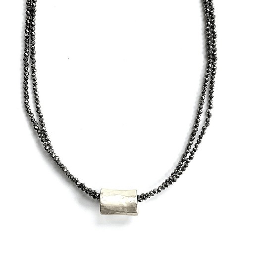 #BB - Silver Barrel on Double Pyrite Beaded Necklace