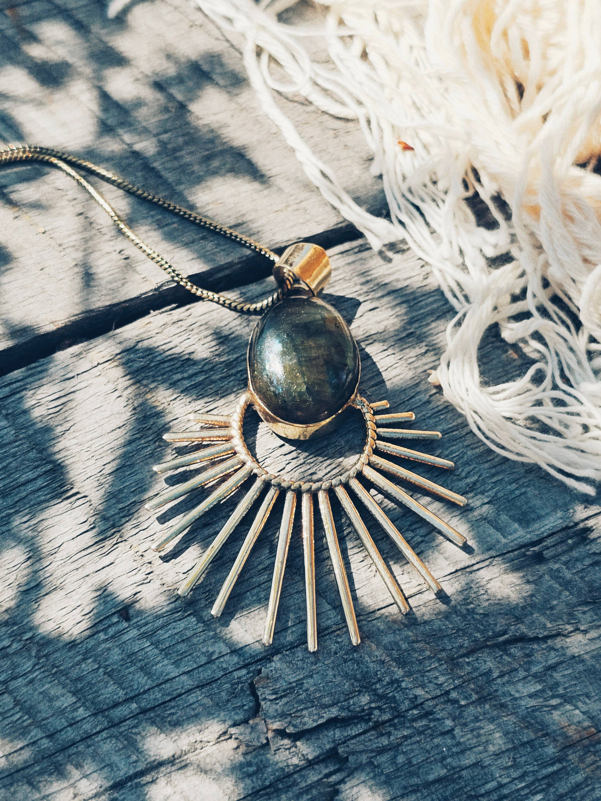 Brass labradorite starburst pendant charm necklace designer