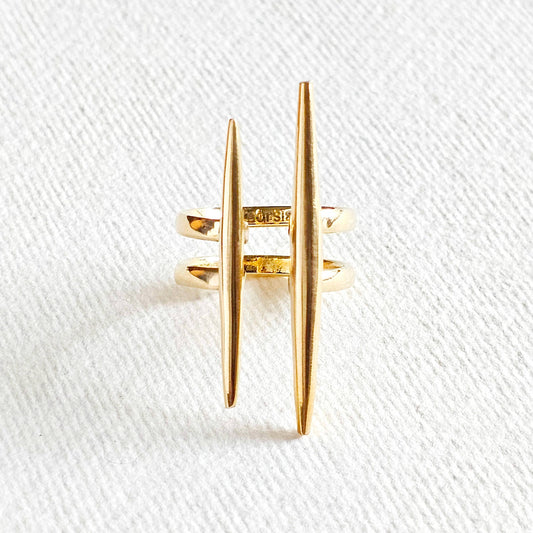 Solid brass double spike needle adjustable ring handcrafted