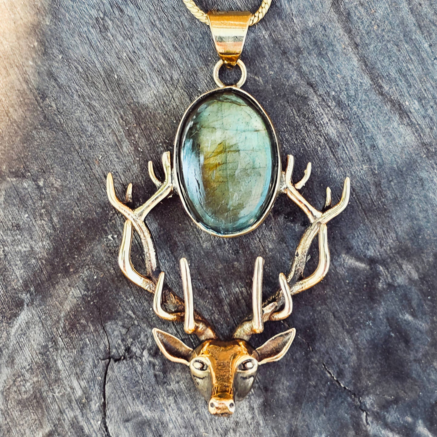Brass labradorite deer pendant charm necklace designer