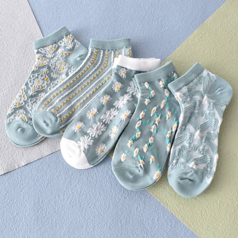 Blue Floral Ankle Socks - Knitted Vintage Low Cut Socks