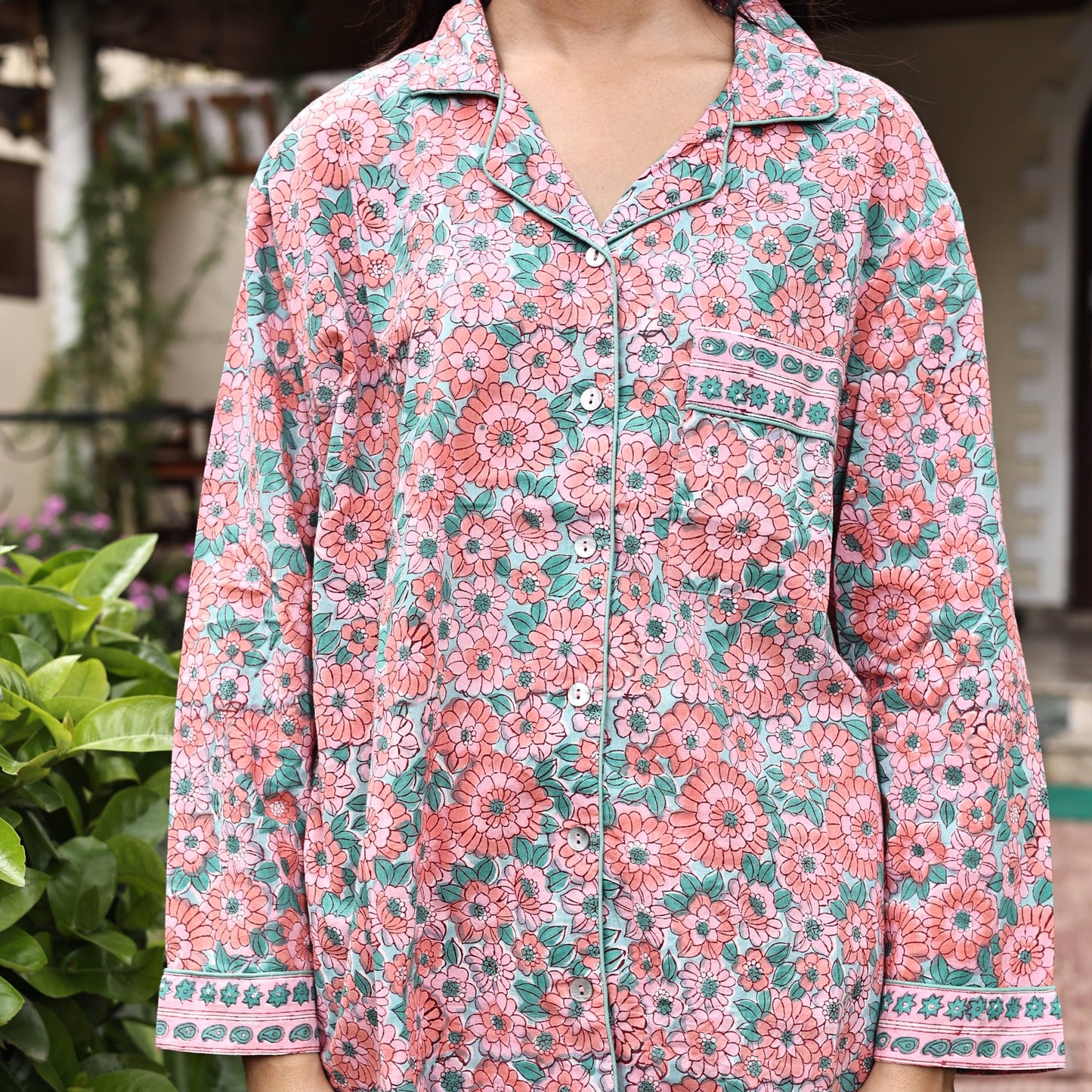 Zinnia Block Printed Cotton Pajamas- 3 Piece Set