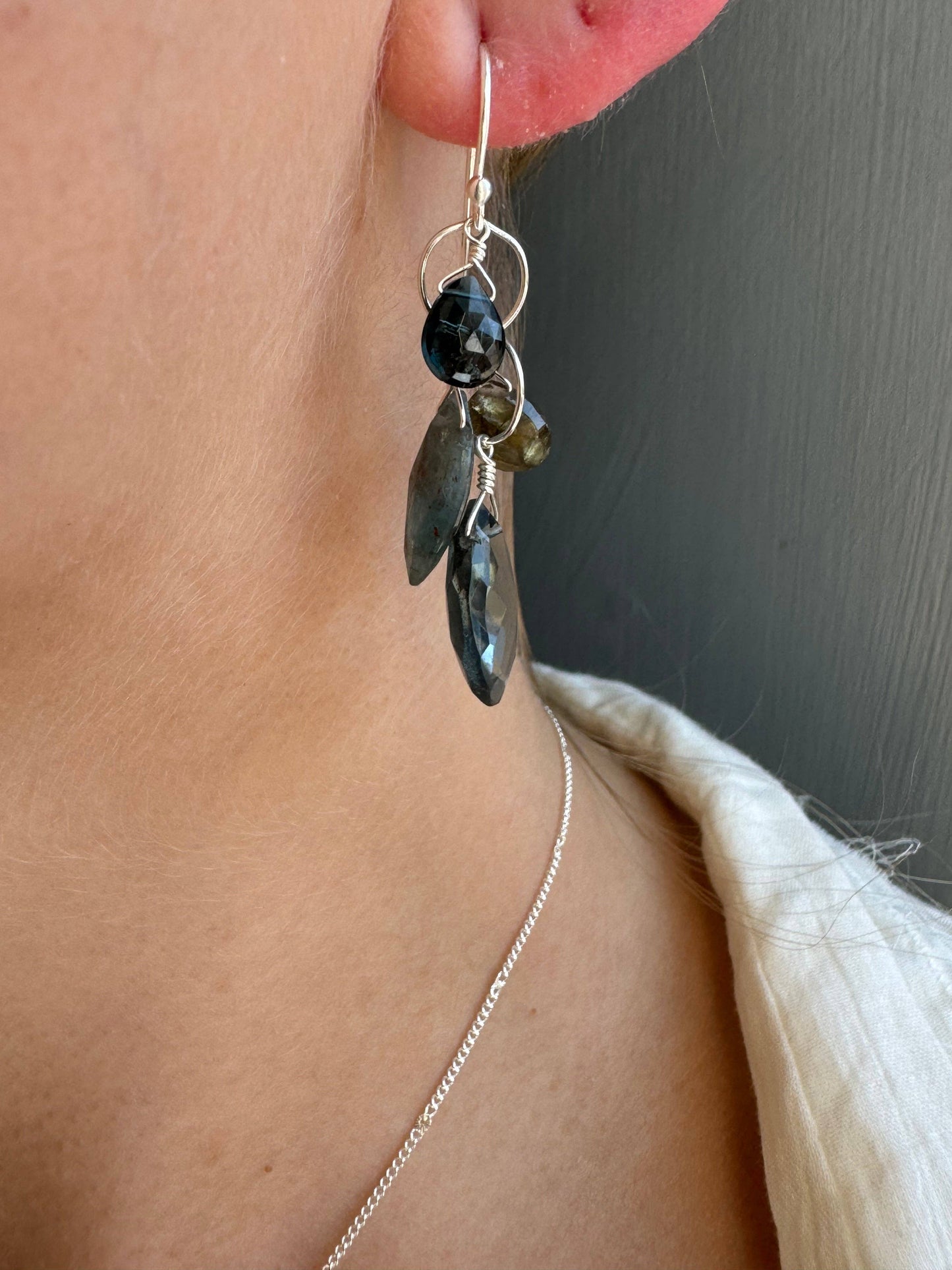 Labradorite, Kyanite, & Topaz Cluster Earrings Silver or Vermeil