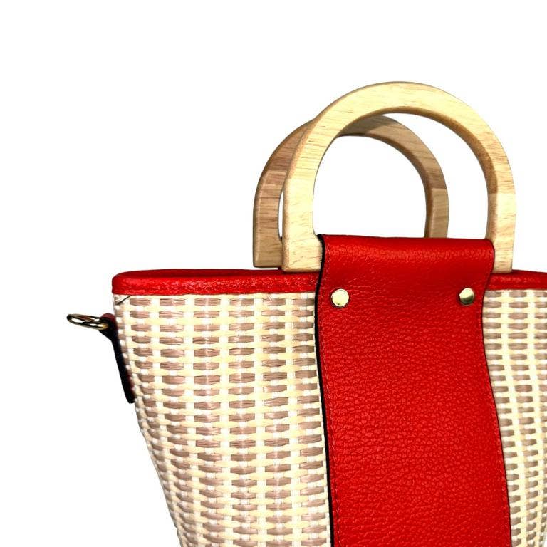 Italian Raffia and Leather Bucket Bag with 2 Wooden Handles
