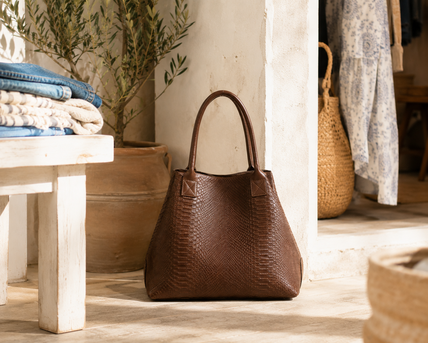 LOLA – Italian Python-Embossed Leather Bag – Brown