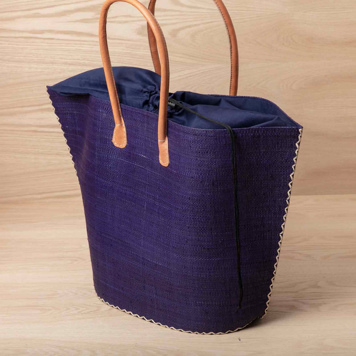 RAFFIA NAVY with Leather Handle Tote Bag