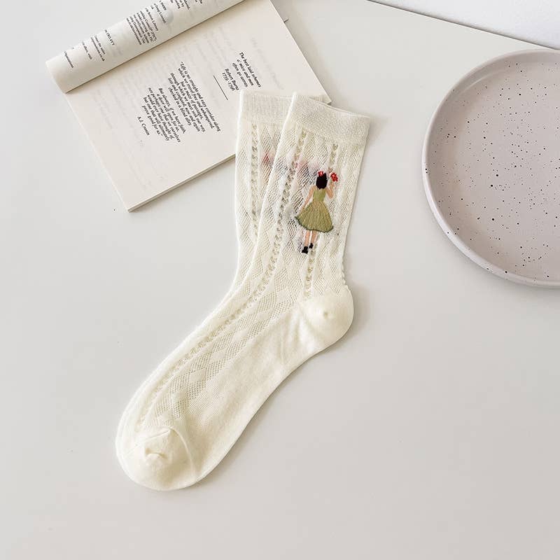 Women’s Sheer Cotton Crew Socks with Illustrated Girls