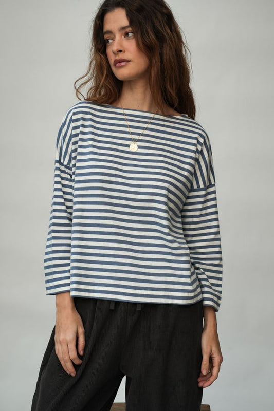Leia-Sue Organic Cotton Jersey Stripe Top | Pewter and off white stripe