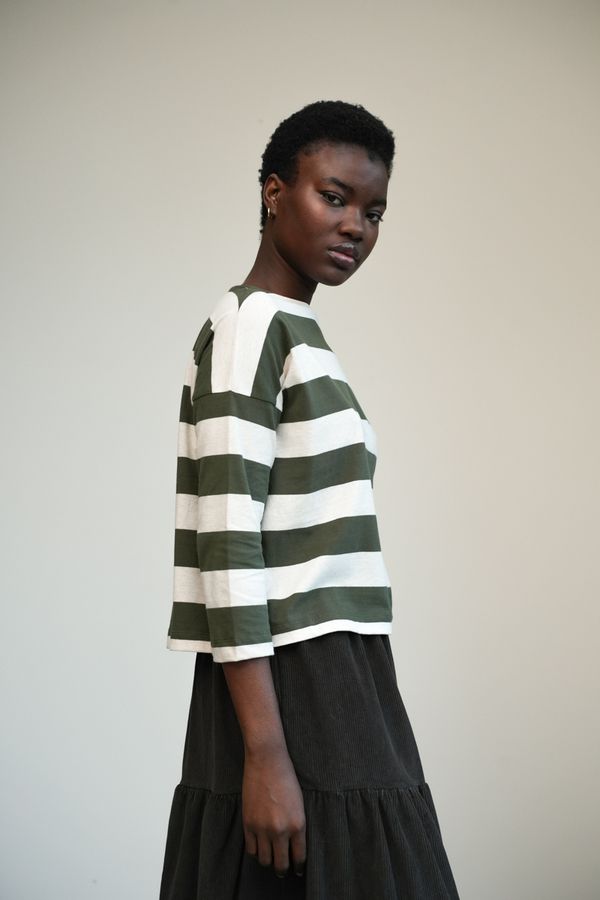 Leia-Sue Organic Cotton Jersey Stripe Top | Olive and ecru marl stripe