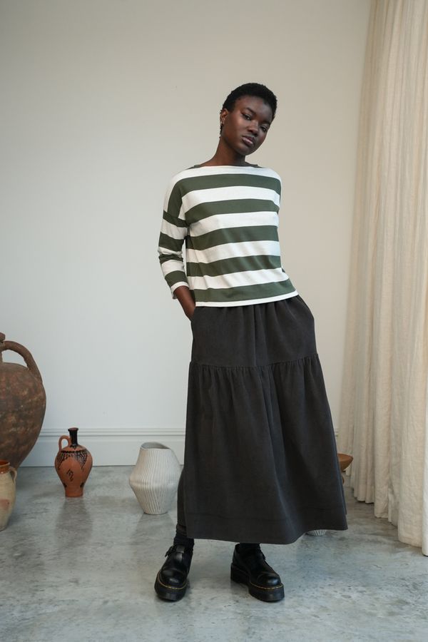 Leia-Sue Organic Cotton Jersey Stripe Top | Olive and ecru marl stripe