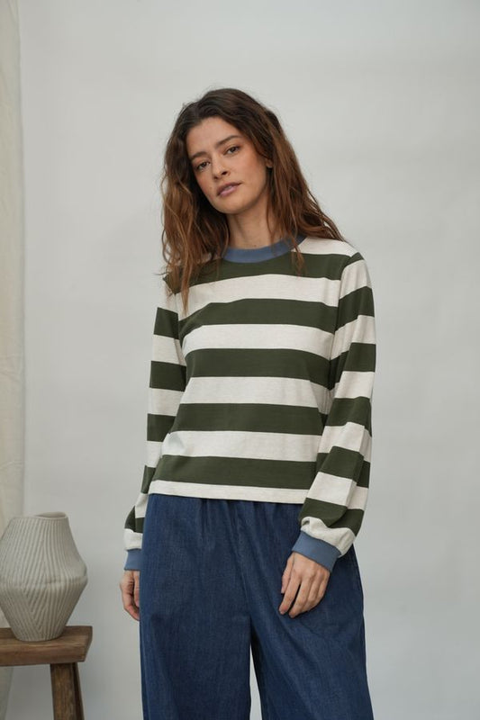 Sierra-Sue Organic Cotton Jersey Stripe Top | Olive and ecru marl stripe