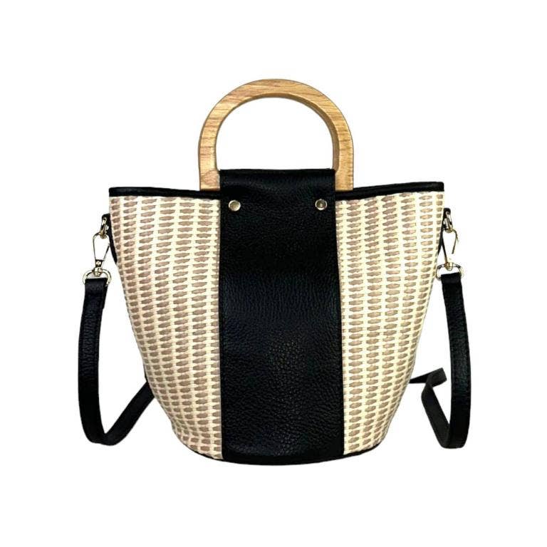 Italian Raffia and Leather Bucket Bag with 2 Wooden Handles