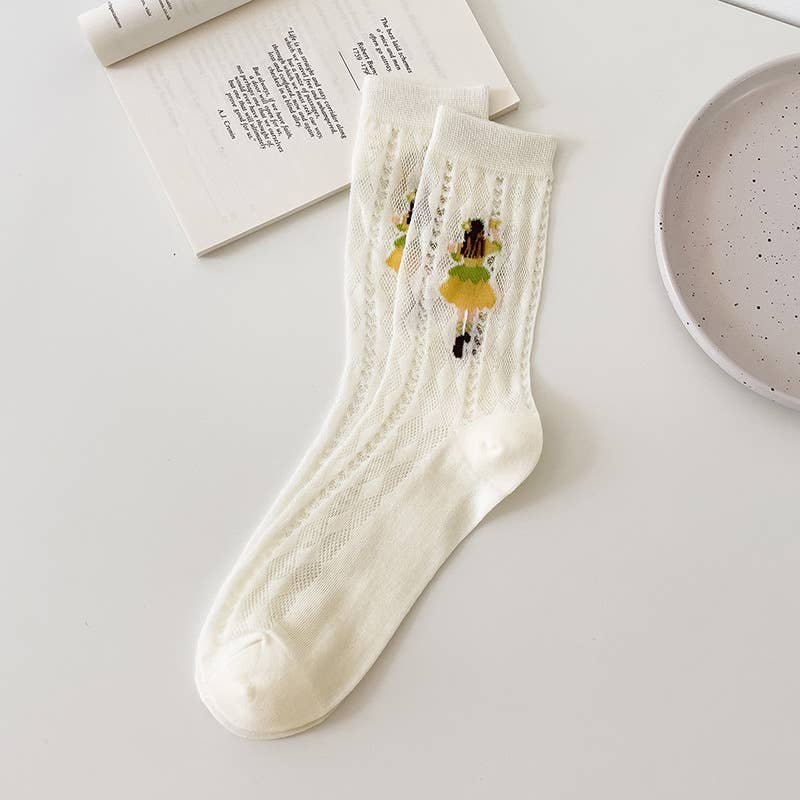 Women’s Sheer Cotton Crew Socks with Illustrated Girls