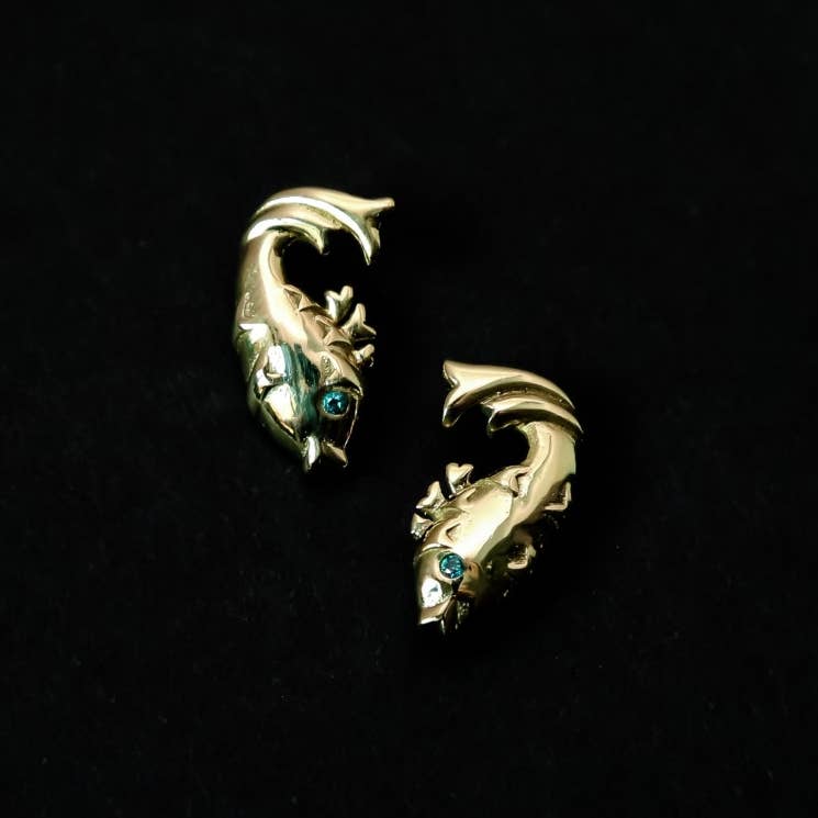 Brass fish stud earrings aquamarine  Earrings