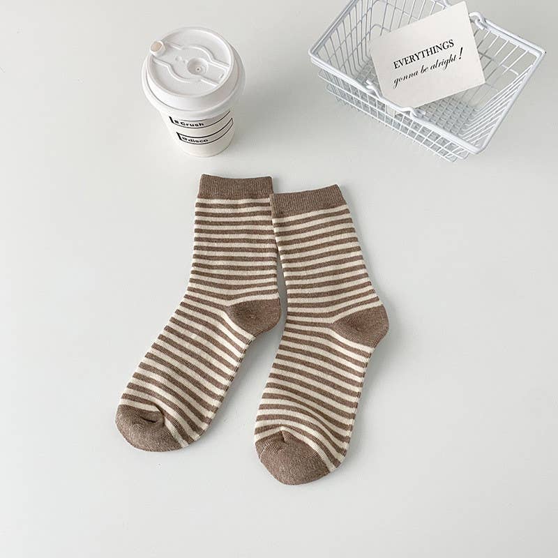 Zebra Stripe Socks - Knitted Cotton Crew Socks For Women