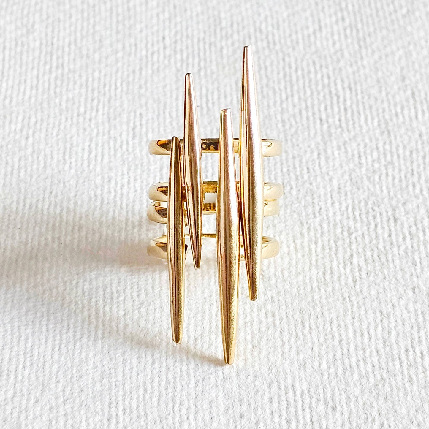 Solid brass double spike needle adjustable ring handcrafted