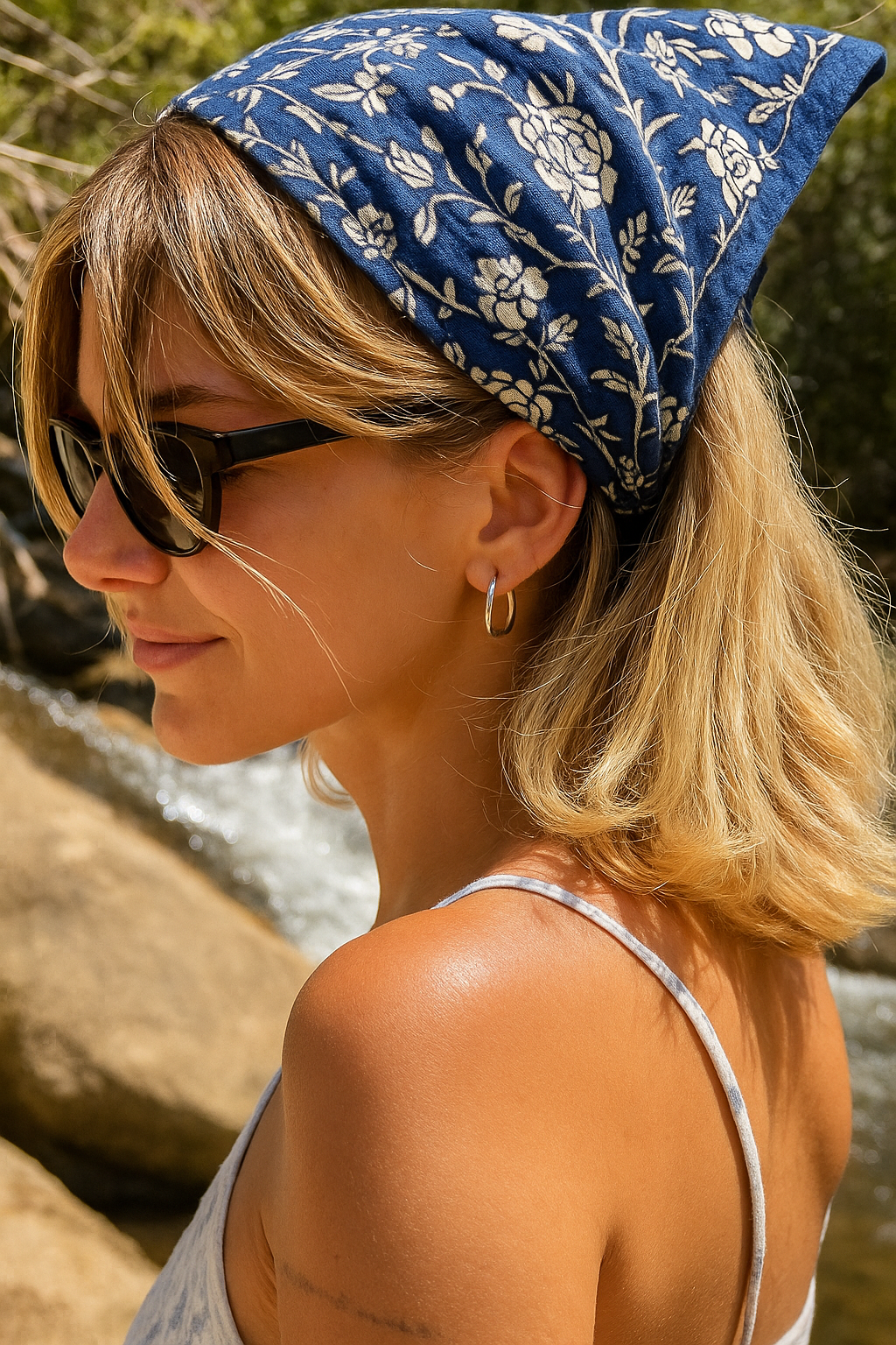 Blue Rosette Block Print Bandana
