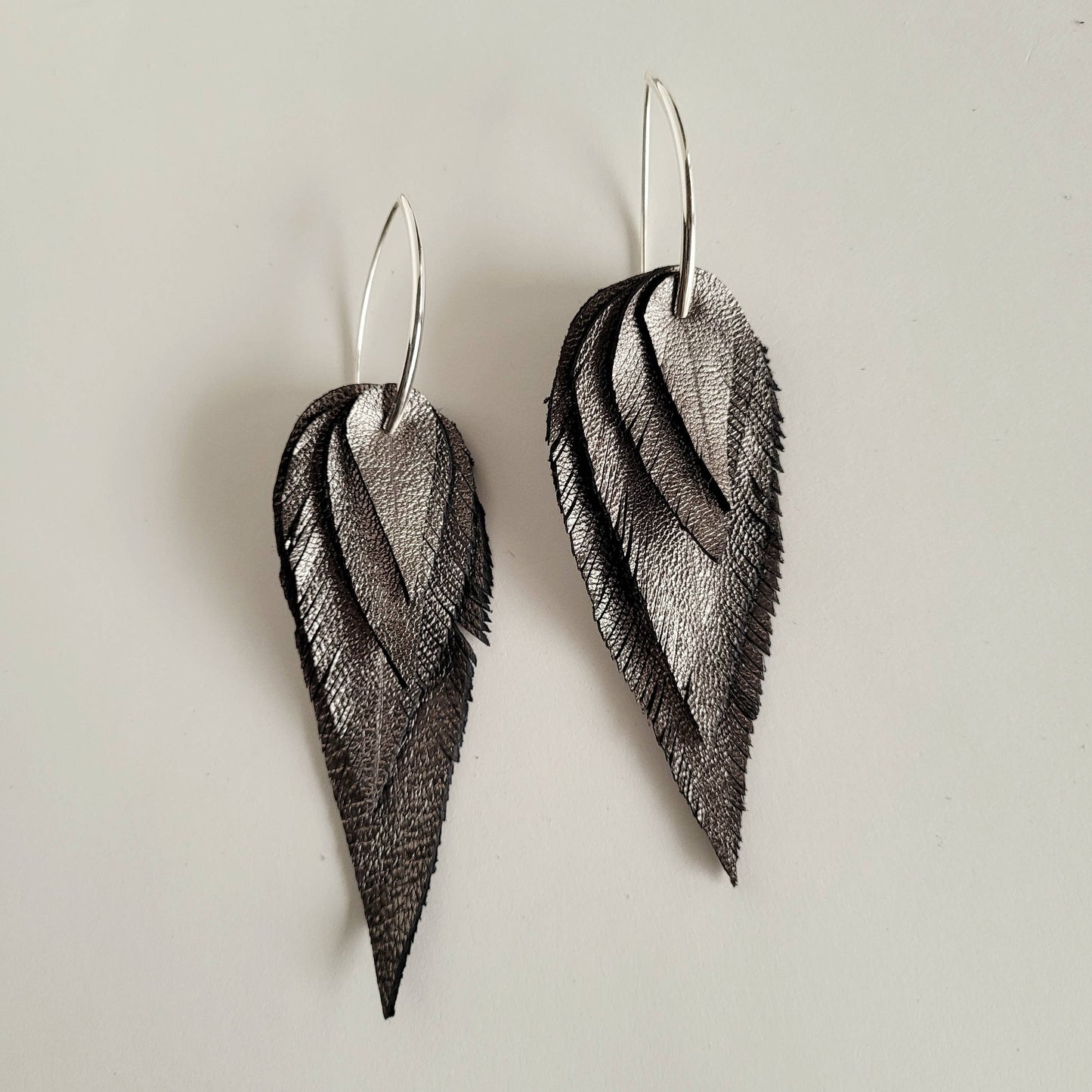 Handmade Metallic Leather Feather Earrings #BX41